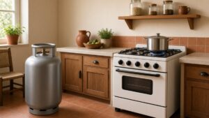 Cozinha simples com fogão aceso e botijão de gás de 13 kg ao lado