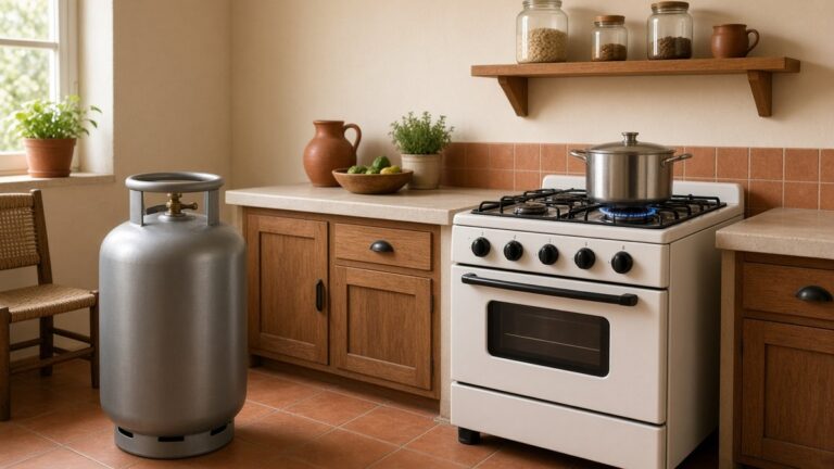 Cozinha simples com fogão aceso e botijão de gás de 13 kg ao lado