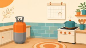 Ilustração de cozinha com botijão de gás, fogão e calendário na parede