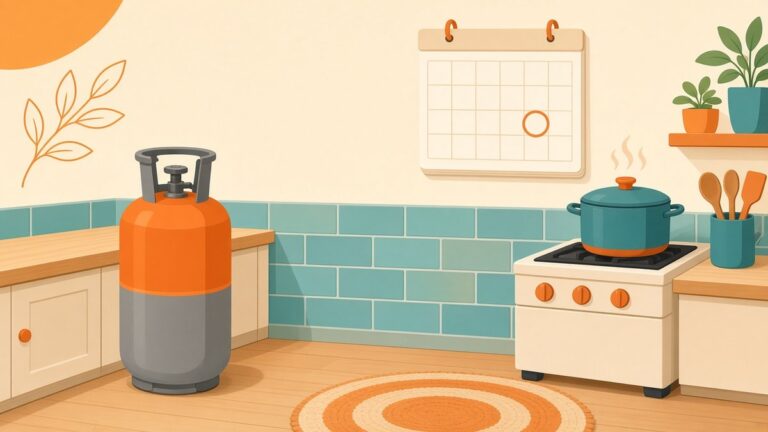 Ilustração de cozinha com botijão de gás, fogão e calendário na parede